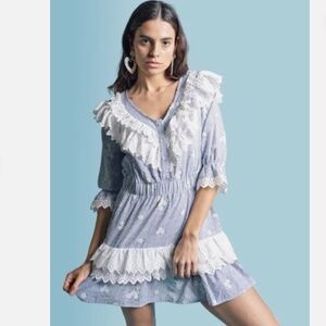 The Shirt Rochelle Behrens Nicky Striped Floral Eyelet Ruffle Mini Dress